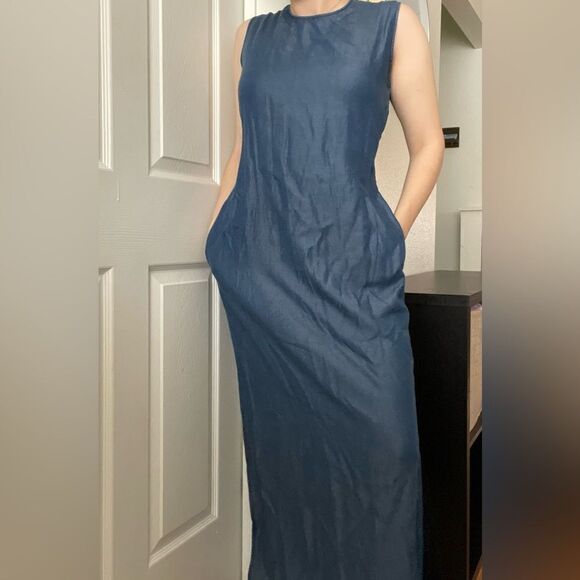 Zara Chambray Maxi Dress Sleeveless High Neck Classic Sz Large Blue Tencel - Picture 1 of 7